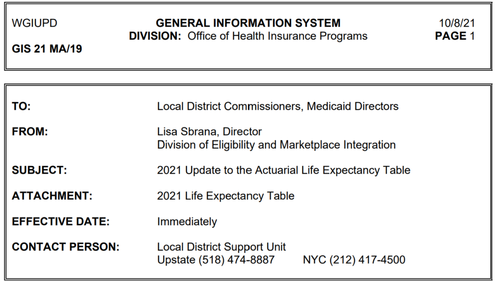 NY DOH New Life Estate Table GIS 21/MA 19 David Okrent Law
